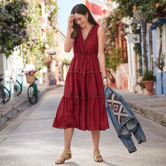 SUNDANCE Women's Zura Dress Silk Blend Sleeveless Boho Midi Burgundy Red Dress - Picture 1 of 11